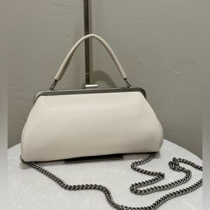 White Genuine Pebble Leather Handmade Push Lock Baguette Shoulder Bag, Crossbody